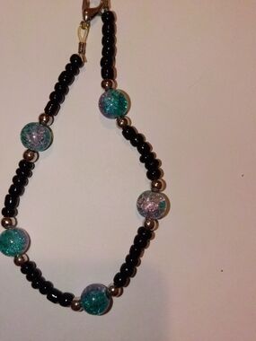 Handmade Black Beaded Bracelet with Turquoise Glass Accent